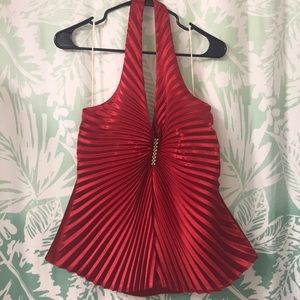 Red pleated halter top